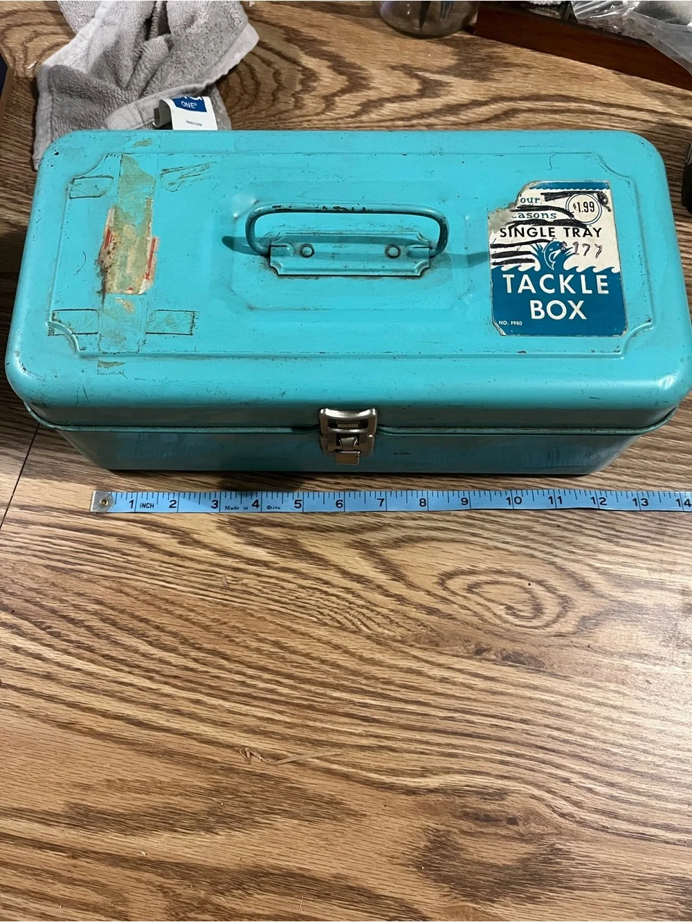 Vintage Teal Blue Metal Storage tackle box with divider Tray
